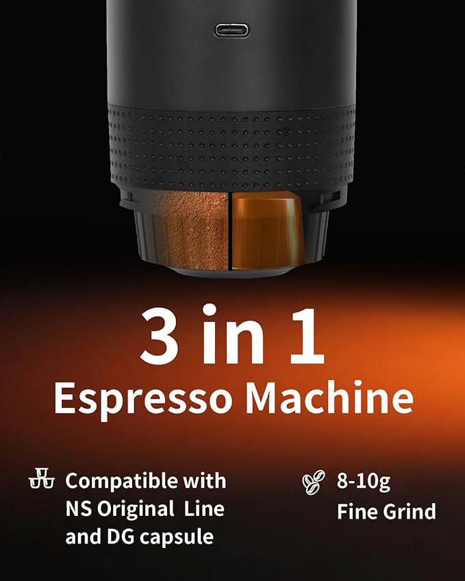 Portable Electric Espresso Machine Car Coffee Maker for Travel Camping Battery Powered Coffee Brewer Compatible with Ground Coffee &amp NS Capsules Black