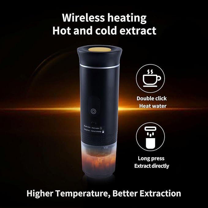 Portable Coffee Maker Espresso Travel Machine – Self-Heating Electric Espresso Maker Compatible with Ground Coffee Ideal for Travel Camping Office