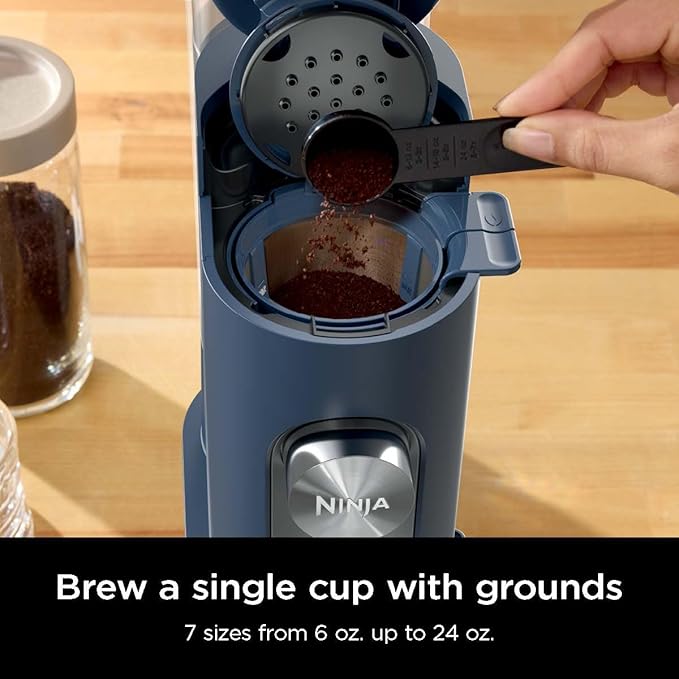 Ninja Pods &amp Grounds Single-Serve Coffee Maker K-Cup Pod Compatible 56-oz. Reservoir 6-oz. Cup to 24-oz. Travel Mug Brew Sizes Iced Coffee Maker Navy PB041NV