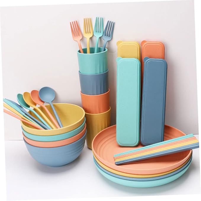 4Sets Portable Wheat Straw Cutlery Set Home Dinnerware Set with Bowls Plates Cups and Utensils Microwave and Dishwasher and Kitchen Tableware