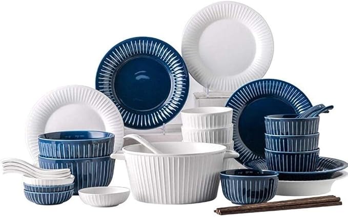 Elegant Resistant Dinner Set46 Pieces White Blue Vertical Pattern Ceramics Dinner Sets Plates Bowls Combination for Family Party