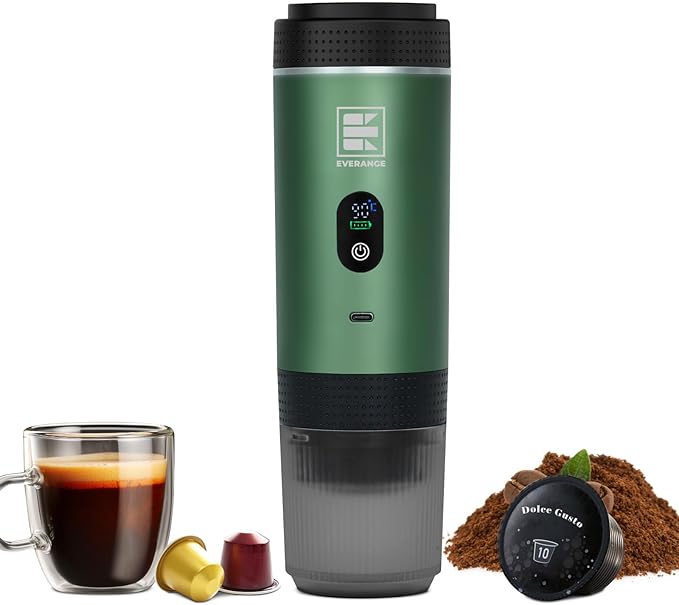 Portable Electric Espresso Machine Travel Coffee Maker Brewer Compatible with Ground Coffee &amp NS Capsules (Green with LCD Screen)