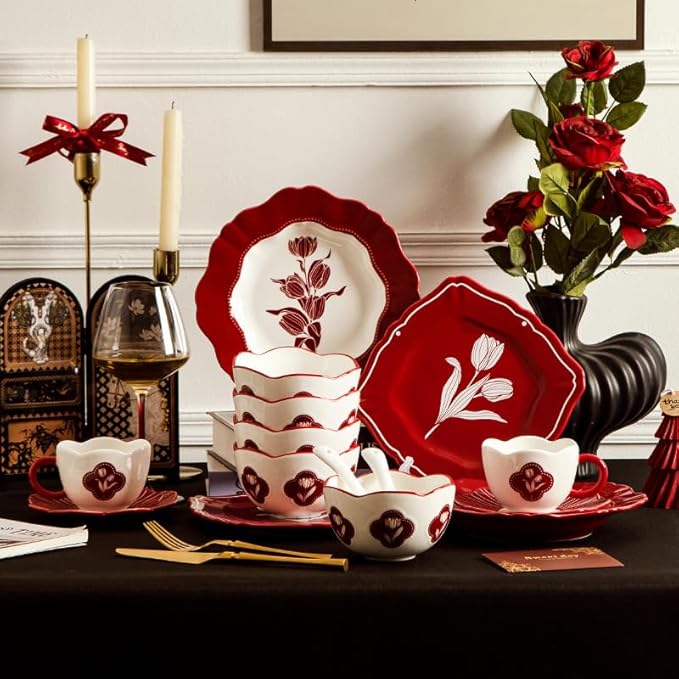 Red Tulip Ceramic Dinnerware Set 13-Piece with 4 Bowls and 4 Plates Vintage Floral Pattern Retro Style Tableware with Gift Box