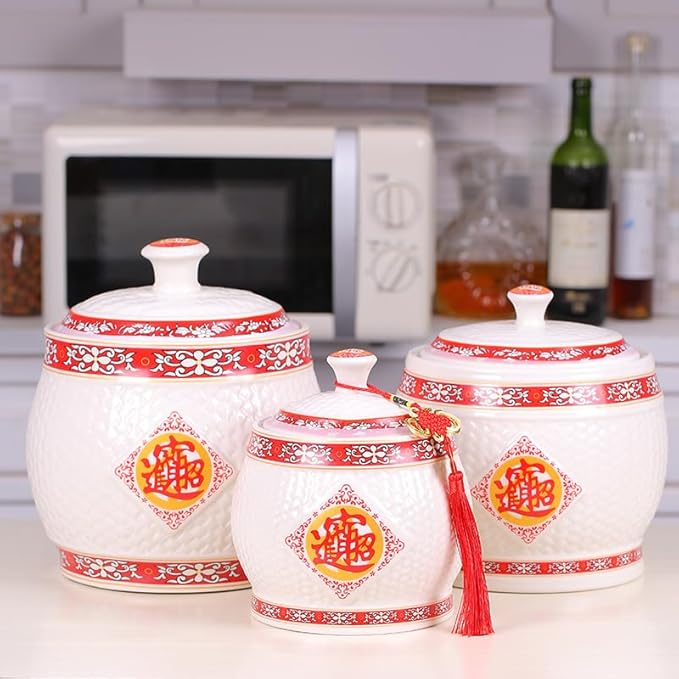 Chinese Ceramic Rice Bucket Large Grain Dispenser Food Storage Container with Lid Sealed Rice Storage Jar for Noodles Rice Snacks(30x36cm(12x14inch) F)