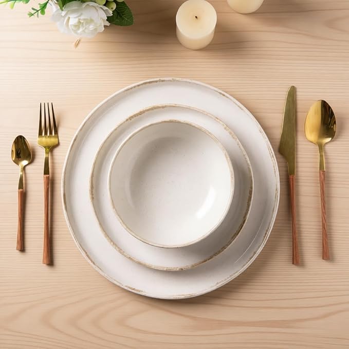 AmorArc Ceramic Dinnerware Sets Wavy Rim Stoneware Plates and Bowls Sets Highly Scratch Resistant | Dishwasher &amp Microwave Dishes set Service for 6 (18pc)-Speckled Cappuccino