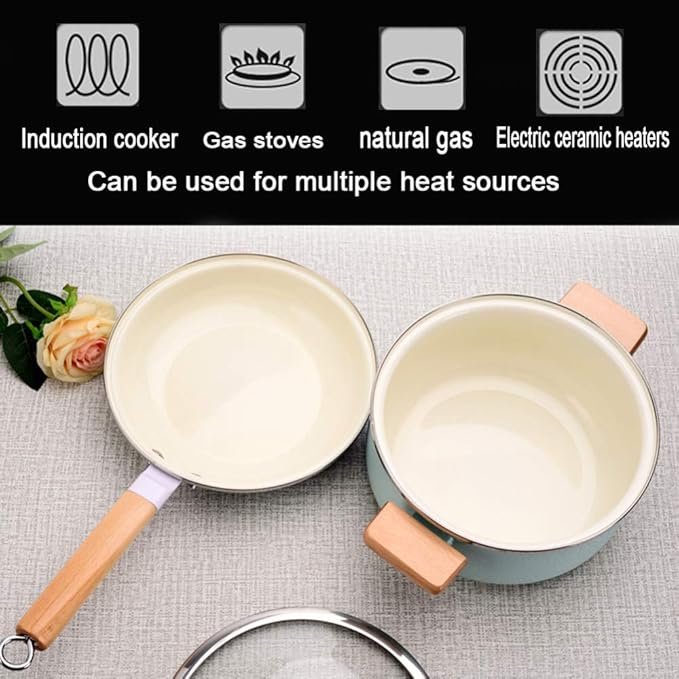 3-Pie cookware Set with Wooden Handle with lid fine Iron Enamel Non-Stick pan Suitable for Gas Induction Cooker Easy to Clean Large pan