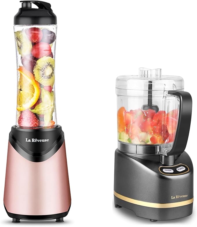 La Reveuse 300W Personal Size Blender (Pink) + La Reveuse 2-Cup Mini Food Chopper (Metallic Grey)