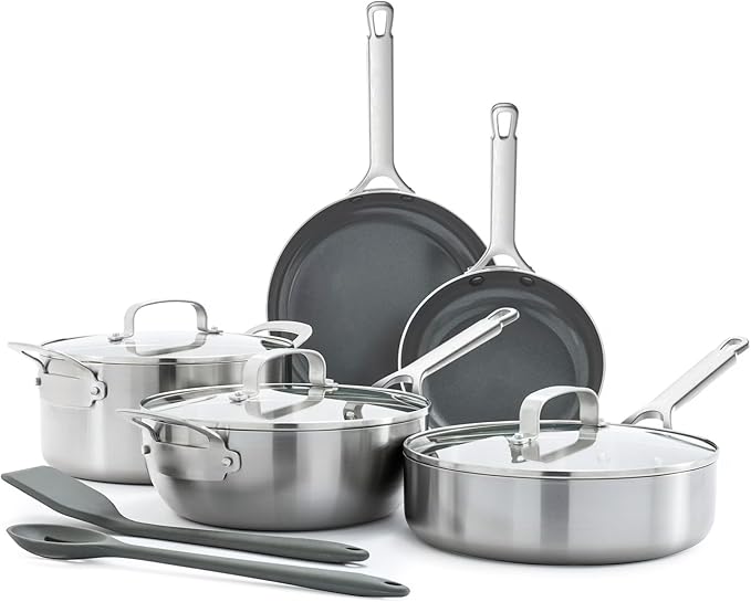 10-Piece Stainless Steel Cookware Set with Ceramic Nonstick Fry Pans and Lids Induction and Oven Safe Pots and Pans Set Silver Even Heat Distribution Dishwasher Safe Kitchen Cookware