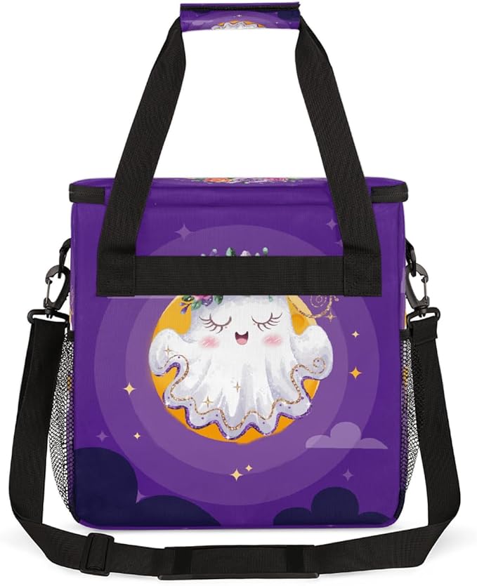Halloween White Ghost Flower Coffee Maker Carring Bag Travel Carrying Storage Tote Bag Compatible with Keurig K-Mini or K-Mini Plus Portable Single Serve Coffee Brewer Case with Pockets