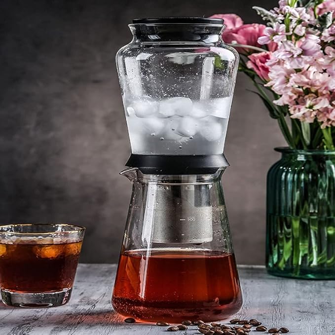 Habiba Iced Drip Coffee Maker Glass Cold Brew Coffee Maker Coffee Maker with Stainless Steel Strainer Home Office Siphon Coffee Maker with Clear Scale Mark Reusable