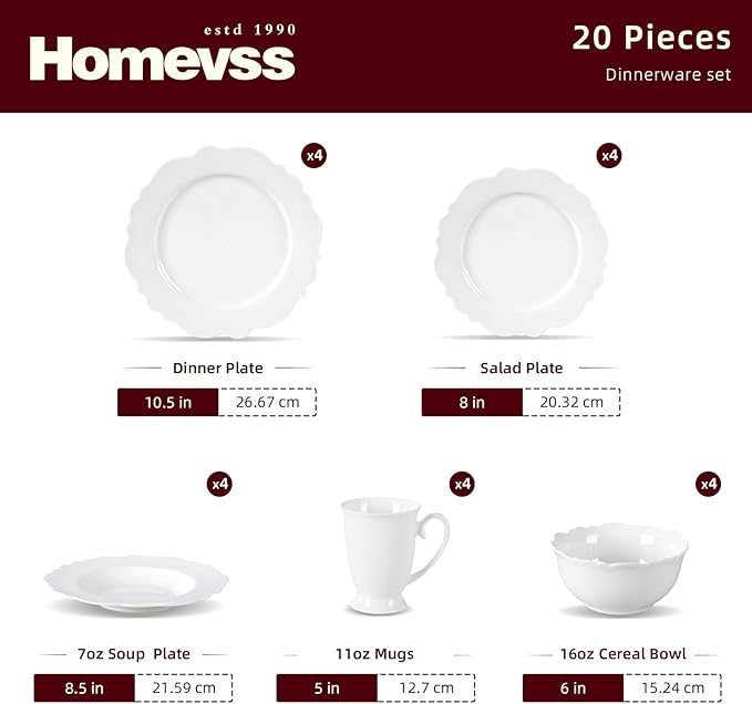 HomeVss New Bone China Dinnerware Set Embossed Winds Service for 4-20pc Set
