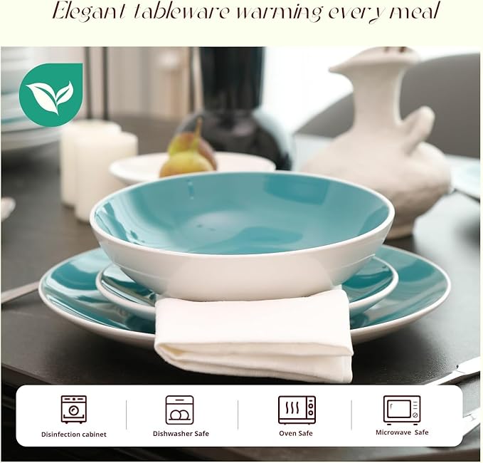 Stoneware Coupe Shape 16pc Dinnerware Set Outside White + Inside Turquoise