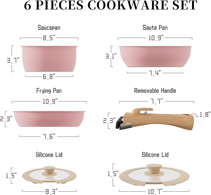 ShanSon 6 Pieces Kitchen Non-Stick Cookware Sets with Removable Handle Stackable Pots and Pans Set Nonstick for Induction Gas RVs Camping Space SavingPink