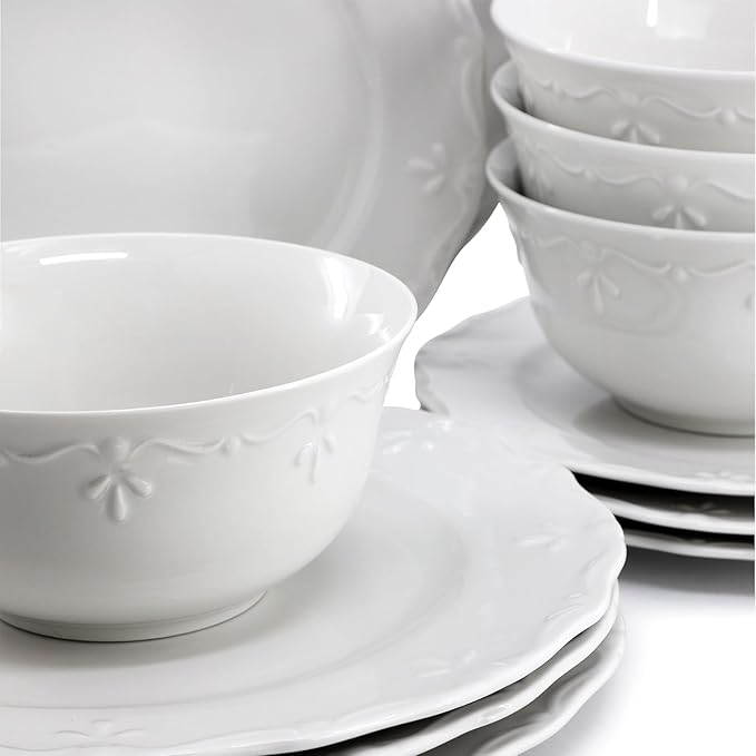 Henryi 16 Piece Porcelain Dinnerware Set – White Dinner Plates Bowls and Mugs with Embossed Rim – Microwave &amp Dishwasher Safe