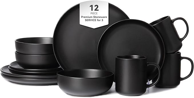 12-Piece Stoneware Dinnerware Set with Mugs Matte Glaze Microwave &amp Dishwasher Safe Stackable Service for 3 White (BlacK of 3)
