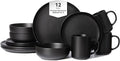 12-Piece Stoneware Dinnerware Set with Mugs Matte Glaze Microwave &amp Dishwasher Safe Stackable Service for 3 White (BlacK of 3)