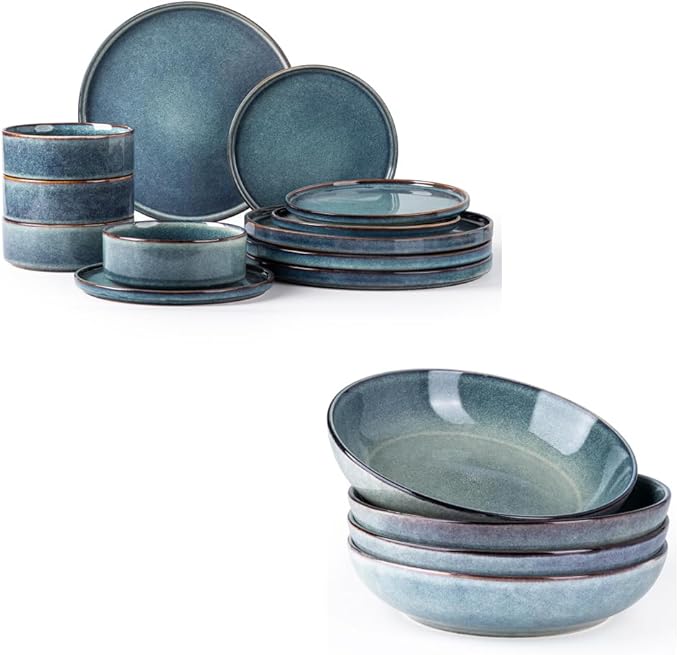 AmorArc Ceramic Dinnerware Sets with Pasta Bowl Handmade Reactive Glaze Plates and Bowls SetsHighly Chip and Crack Resistant | Dishwasher &amp Microwave Safe Dishes Set Service for 4 (16pc)