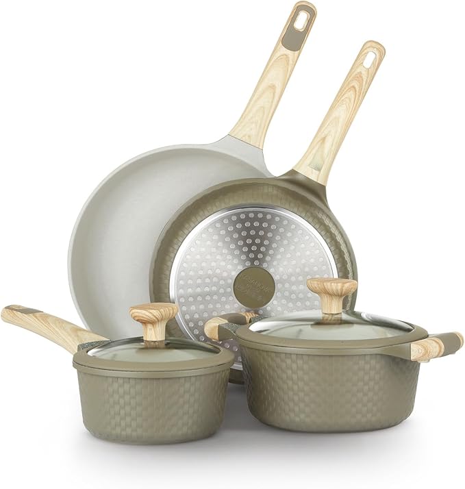 Bambù 6Pcs Cookware set Die-cast Aluminum pots and pans Nonstick frying pans and casseroles Induction safe PFOA-free (Green and Cream 6 pcs)