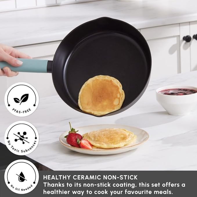 KARACA Fancy Ceramic Cookware Sets Black Kitchen Pots &amp Pans Set Non Stick with Lid Swiss Crystal Surface Induction Cooking Utensils 7-Piece Dishwasher Safe