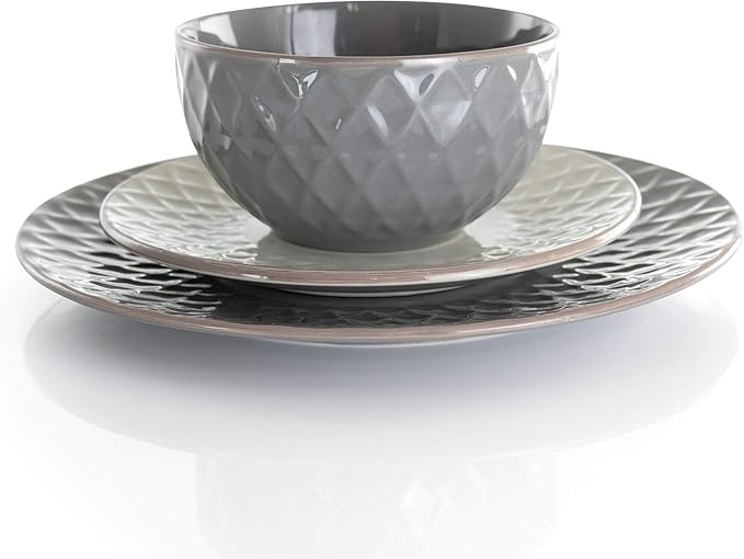Luxurious 16 Piece Pearl Dinnerware Set - Stoneware Service for 4 Elegant Slate &amp Stone Finish Dishwasher &amp Microwave Safe Diamond Texture (Slate &amp Pearl)