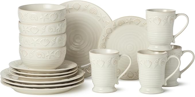 Coastline Cream 16-Piece Stoneware DINNERWARE SETSERVICE for 4 with embossed coastal shells and starfish detailing durable beach house tableware for relaxed coastal living and everyday dining