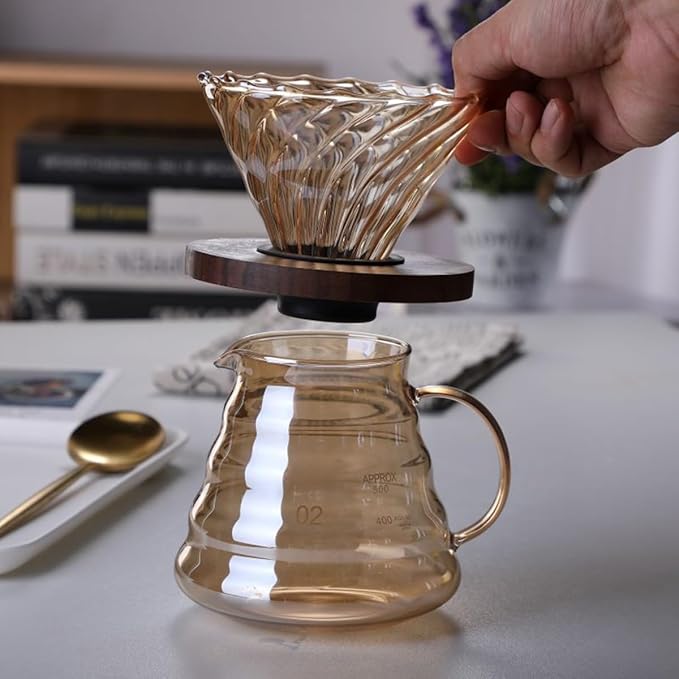 Pour Over Coffee Maker Set 500ML Glass Carafe Coffee Server with Dripper Set V60 Glass Coffee Filter with Wood Base for Home Office Gift 1-4 Cups