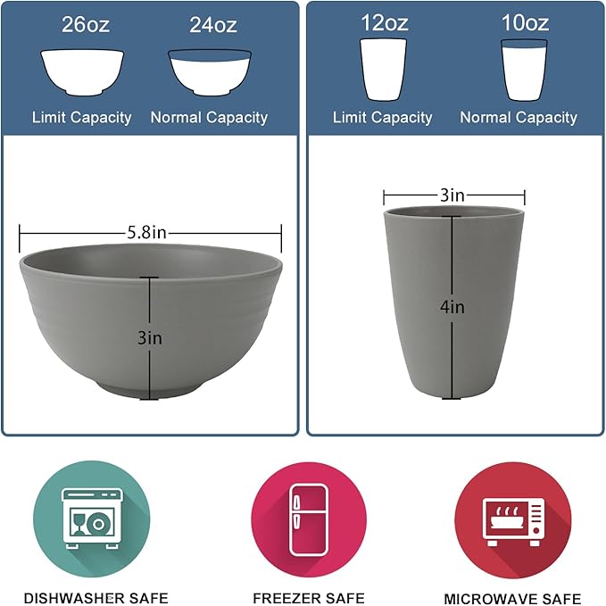 Wrova 40Pack plates and bowls sets for kitchen - Unbreakable wheat straw dinnerware sets service for 8 - Alternative plastic 40pcs dish sets for picniccamping and R.V. - (Grey)