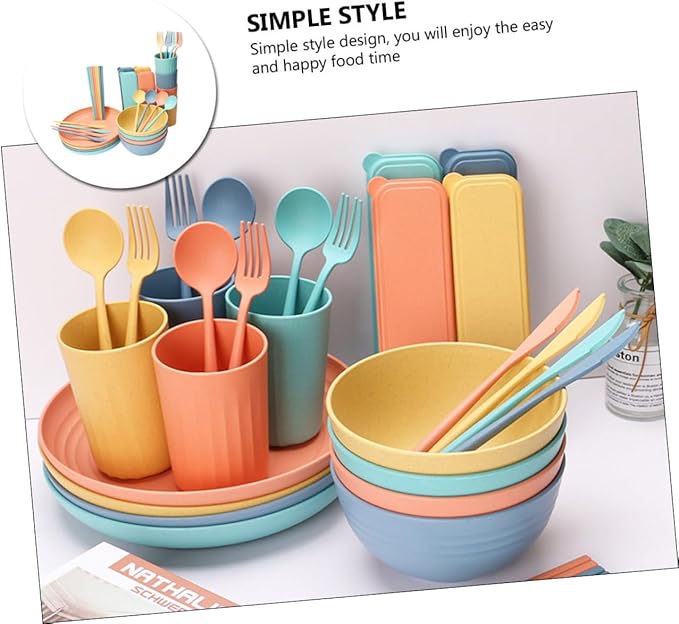 PRETYZOOM 4sets Portable Straw Cutlery Set Microwavable Bowls Lids Dinnerware Set for Outdoor Home