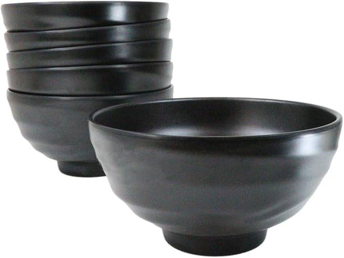 Ebros Gift Contemporary Ridged Matte Black Melamine Series Dinnerware Serveware Kitchenware Set Japanese Chinese Restaurant Supply (Pack Of 6 Round Deep Ramen Soup Pasta Salad Bowls 46oz)