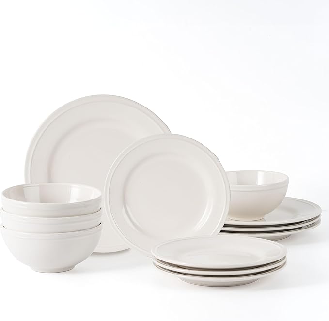 12-Piece White Stoneware Dinnerware Set Service for 4 Microwave &amp Dishwasher Safe Ceramic Plates and Bowls Set Durable Everyday Dishes for Home Kitchen