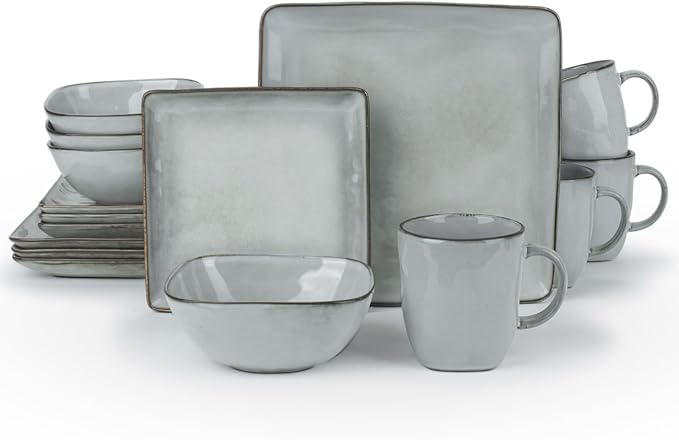 Famiware Ocean Square Plates and Bowls Sets for Kitchen 16-Piece Dinnerware Sets for 4 Mug Set for 4 Grey