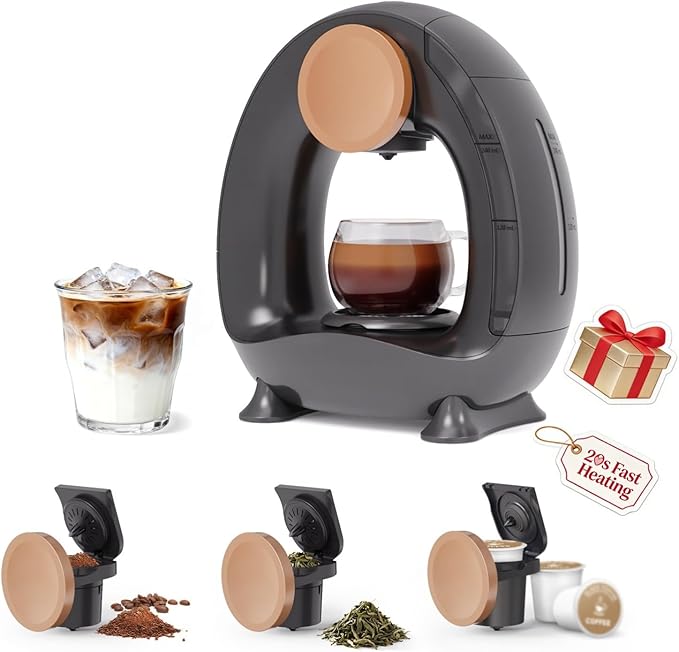 3 in 1 Single Serve Coffee Maker for K Cup Black Ground Coffee and Tea Leaves 1400W 20s Fast Heating Mini K Cup Coffee Brewer One Button Operation for Small Spaces for Bedroom
