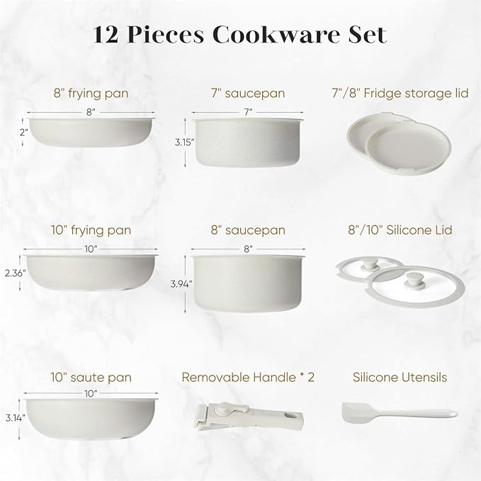 12 Pcs Pots and Pans Set Nonstick Kitchen Cookware Sets Detachable Handle Induction Healthy Non Stick RV Cookware Dishwasher ＆ Oven Safe Beige