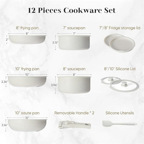 12 Pcs Pots and Pans Set Nonstick Kitchen Cookware Sets Detachable Handle Induction Healthy Non Stick RV Cookware Dishwasher ＆ Oven Safe Beige