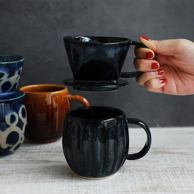 Asayu Japan Ceramic Coffee Pour Over Maker Set in Dark Navy Blue Slow Brewing Paper Filter Holder and Dripper with 3 Holes for Coffee and Tea - Coffee Dripper Cone