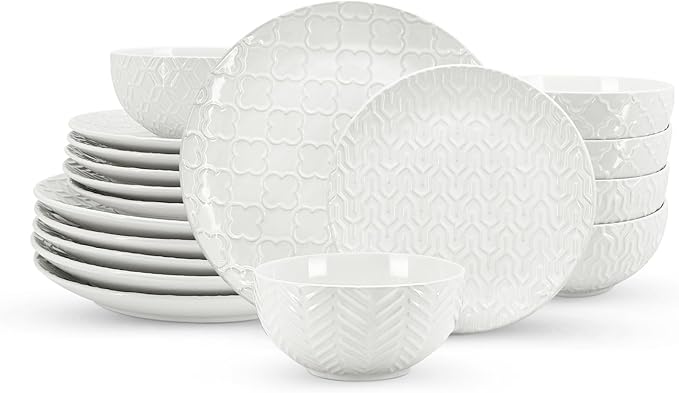 Sureasy Ceramic Dinnerware Sets for 6 18 Pieces Stoneware Plates and Bowls Sets Embossed Scratch Resistant Dinner Set Dishwasher&ampMicrowave Safe White