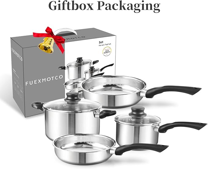 6-Piece Stainless Steel Cookware Set with Glass Lids Stay-Cool Handles | Fry Pan Saucepan Sauce Pots | Compatible with Induction Electric Gas Stovetops | PFOA-Free Dishwasher Safe