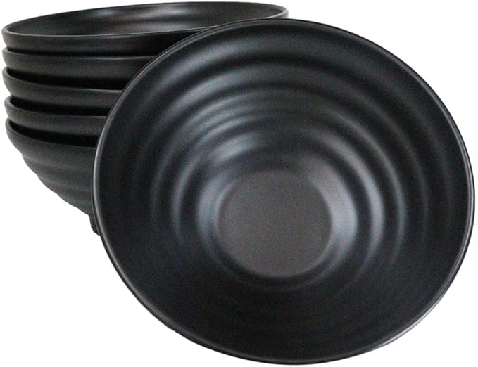 Ebros Gift Contemporary Ridged Matte Black Melamine Series Dinnerware Serveware Kitchenware Set Japanese Chinese Restaurant Supply (Pack Of 6 Round Ramen Soup Pasta Salad Bowls 40oz)