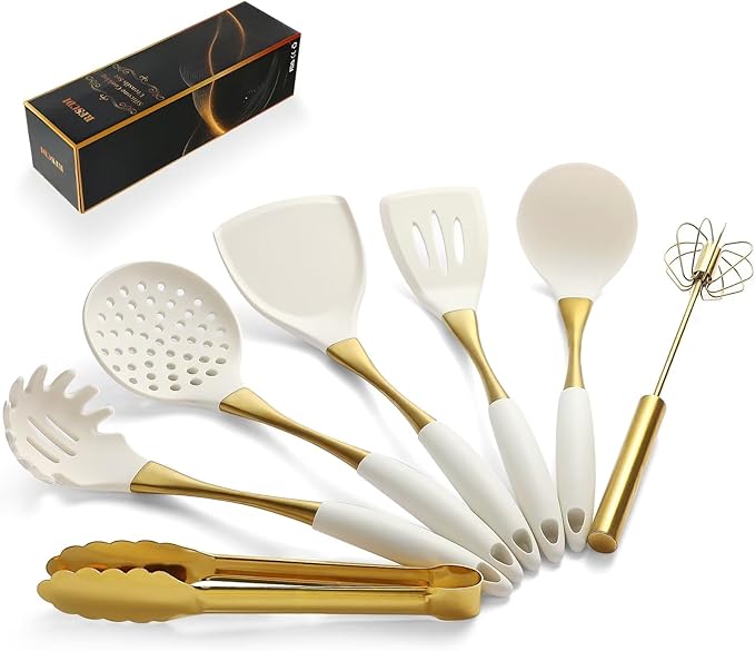 Elegant White Gold Silicone Cooking Utensils Set - Non-Toxic Dishwasher Safe Kitchen Utensils Set with Heat Resistant Comfort Handles - Includes Spatula &amp Spoon for Nonstick Cookware