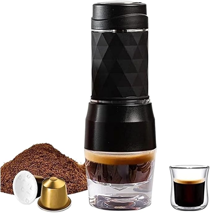 3 In1 Portable Coffee Machine Hot/Cold Water Manual Espresso Maker For Capsule &amp Ground Hand Press Brewer Hiking Travel(Black)
