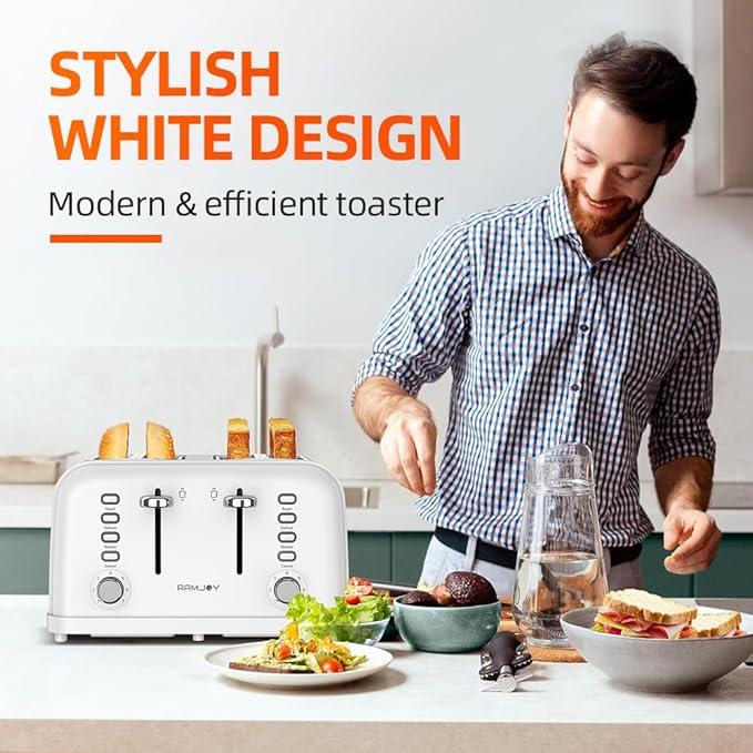 White Toaster 4 Slice Dual Independent Controls Extra Wide Slot Toasters for Bagel Bread Waffles 7 Shade Settings 4 Main Functions Removable Crumb Tray 1500 Watts White Stainless Steel