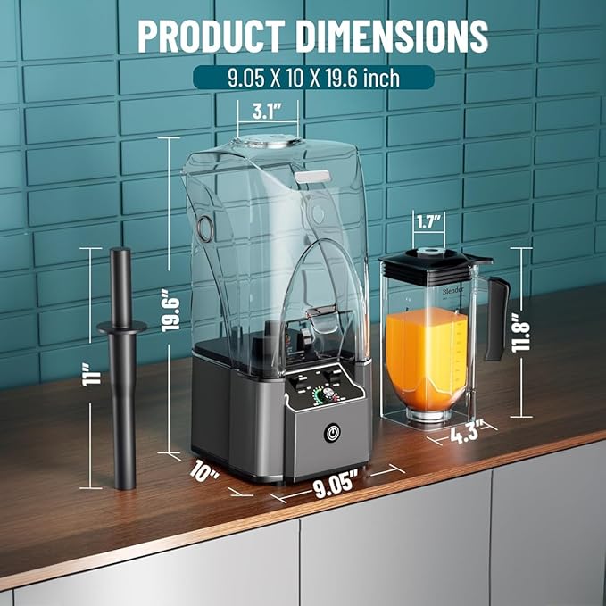 Professional Commercial Blender With Shield Quiet Sound Enclosure 2200W Industries Strong and Quiet Professional-Grade Power Self-CleaningGrey
