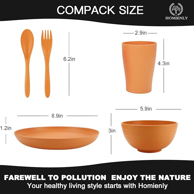 Wheat Straw Dinnerware Sets Homienly 20pcs Unbreakable Microwave Dishwasher Safe Tableware Lightweight Bowls Cups Plates Set Reusable Dinner Plates Bowls set (Orange)