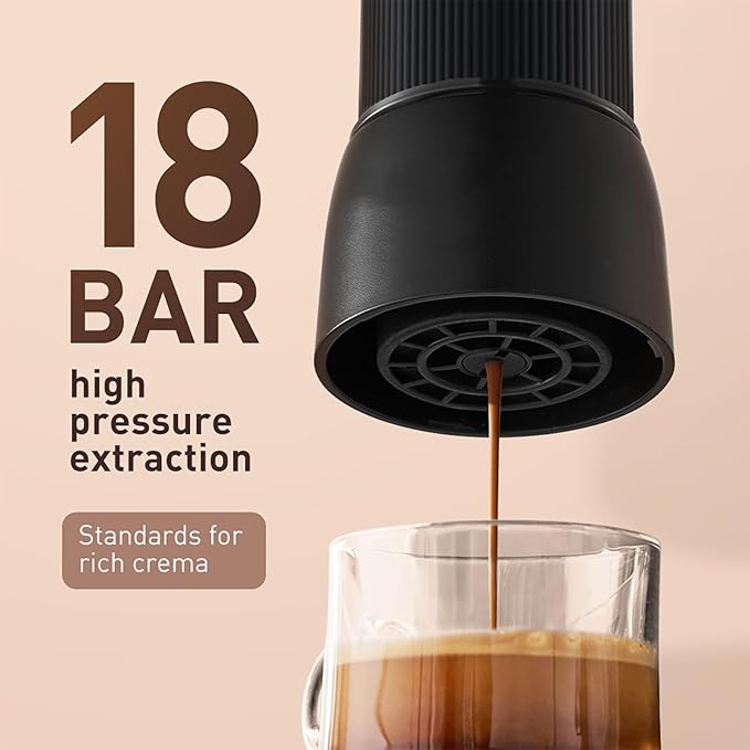 Home Drip Coffee Brewer 2 IN1 Travel Coffee Maker 60ML Water Tank Capacity and 18 Bar Pressure Fast Heating Extraction and Removable Cleaning Brewing Evenly For Camping Travel Hiking