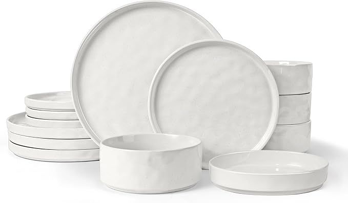 LIANYU 16 Piece Dinnerware Set with Pasta Bowls Stoneware Dinner Plates and Bowls Sets Wide Shallow Speckled Dishes Set for 4 Chip and Scratch Resistant Microwave &amp Dishwasher Safe Polar Whit