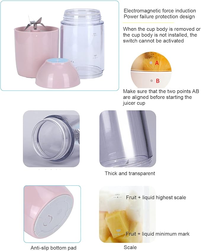 Portable Electric Blender Handheld Juicer with 4 Blades 20000RPM 380ml USB Charging 4000mAh Battery Power for Smoothies Ice Crushing