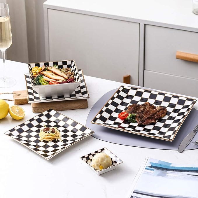 Porlien Checker Porcelain Square Dinnerware Set for 4 Dishes Set for 4 with 3.3-inch Dipping Saucers Black and White Plates and Bowls Set
