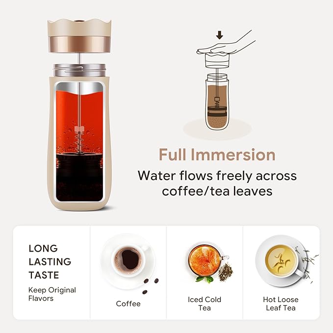 BRBHOM The Original Portable French Press Stainless Steel Coffee Maker Premium Vacuum Insulated Travel Mug Hot &amp Cold Brew French Presses (OFF-WHITE)