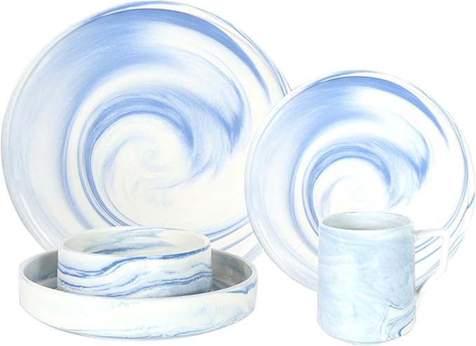 20 Piece Plates and Bowls Sets Fine China Artisan Marbled Dinner Set for 4 Dishwasher Safe Dinnerware Set Scratch Resistant Blue