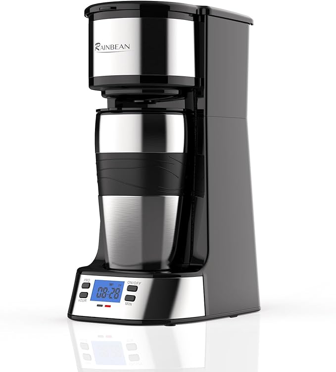 RAINBEAN Single Serve Coffee Maker Programable Single-Serve Brewers Timer Auto Start/Off 14 Oz Single Cup Coffee Machine For Ground Coffee 700W Quick Brewing Perfect Gifts for Coffee Lovers